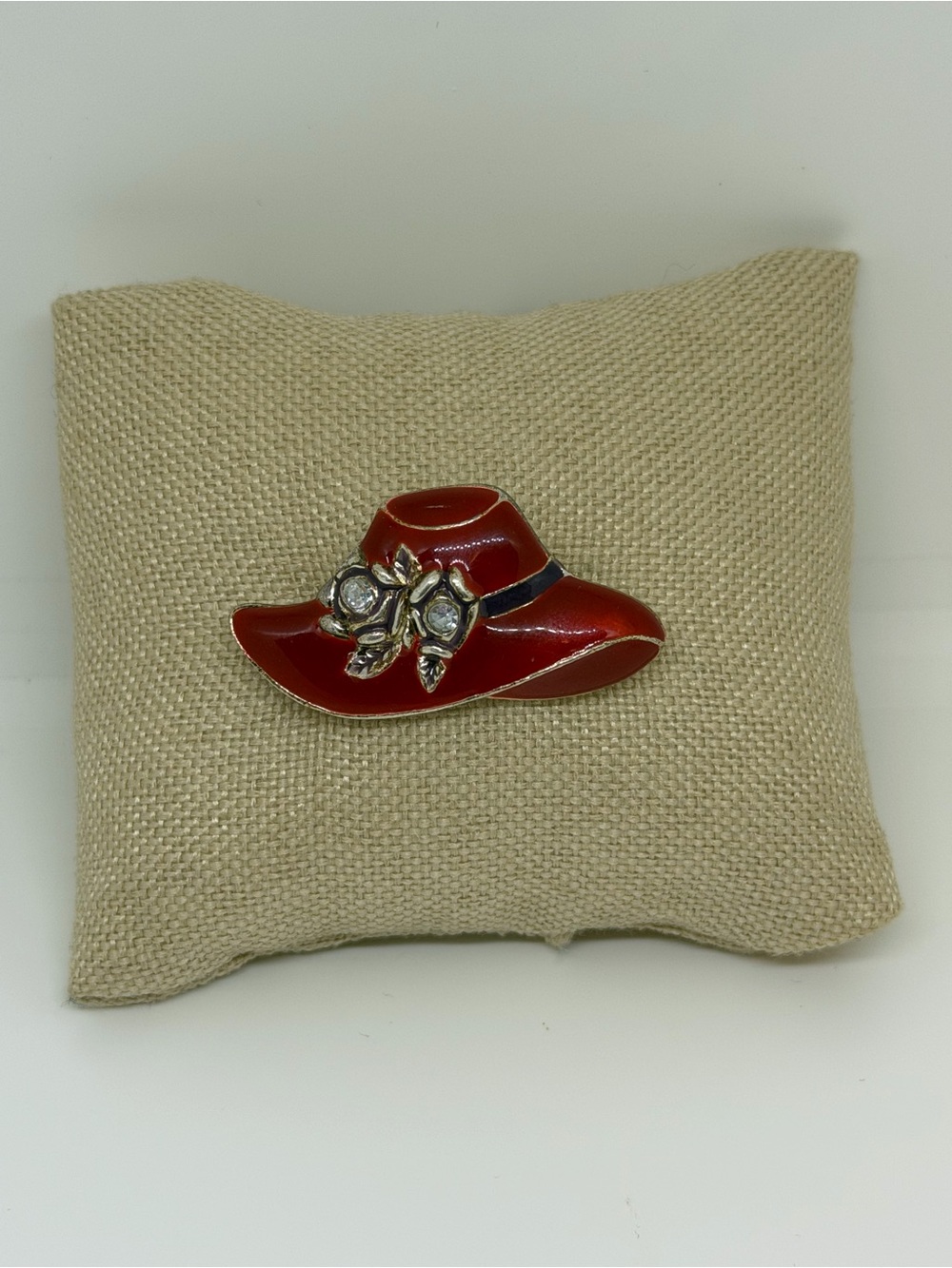 Vintage Red Enamel Hat Brooch Rhinestone Western Statement Pin